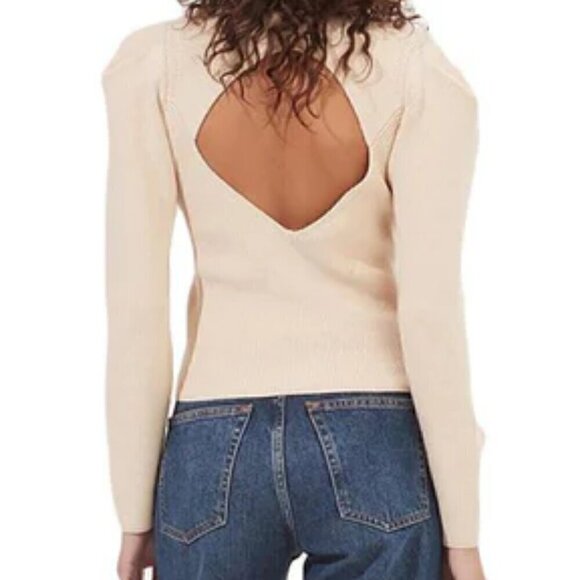 NWT ASTR Ribbed Knit Cut Out Puff Sleeve Pullover Sweater Size Women's10/L Cream - Picture 2 of 8